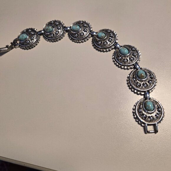 Vintage Sarah Coventry Silver-Tone Turquoise Concho Link Bracelet - Picture 1 of 2